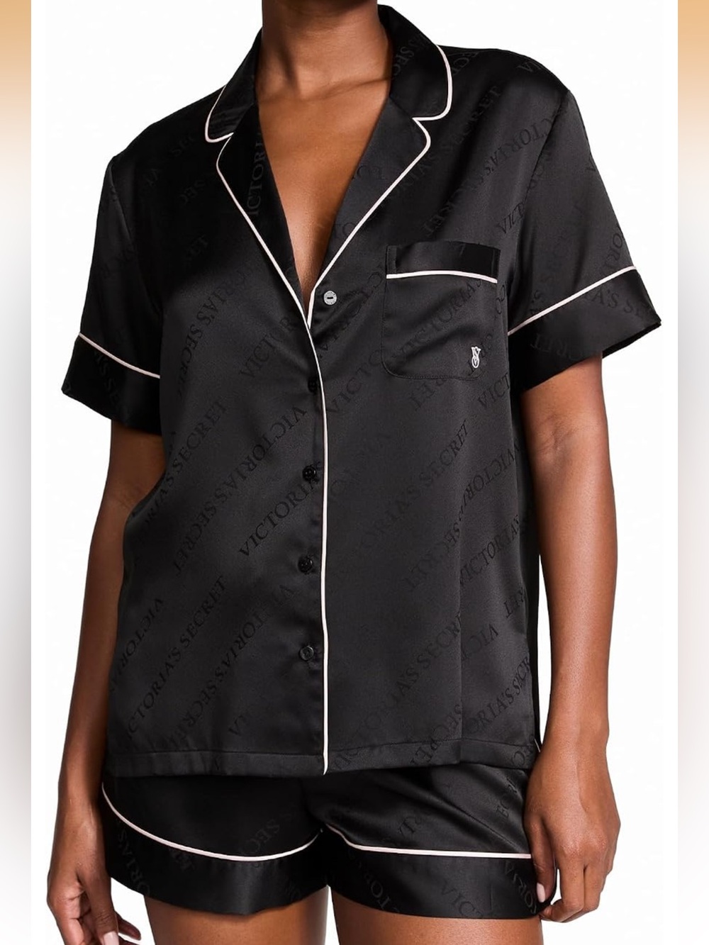 Victoria's Secret Black Short Pajama Set with White Piping
